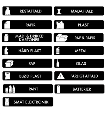 Selvklæbende piktogram til affaldssortering, sort rektangulær m. afrundede hjørner, 16x3 cm